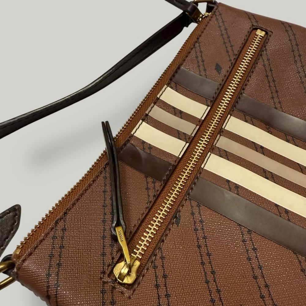 FOSSIL Crossbody Women Bag Brown Fiona Adjustable Strap Stripe Pattern Brass - Picture 14 of 16